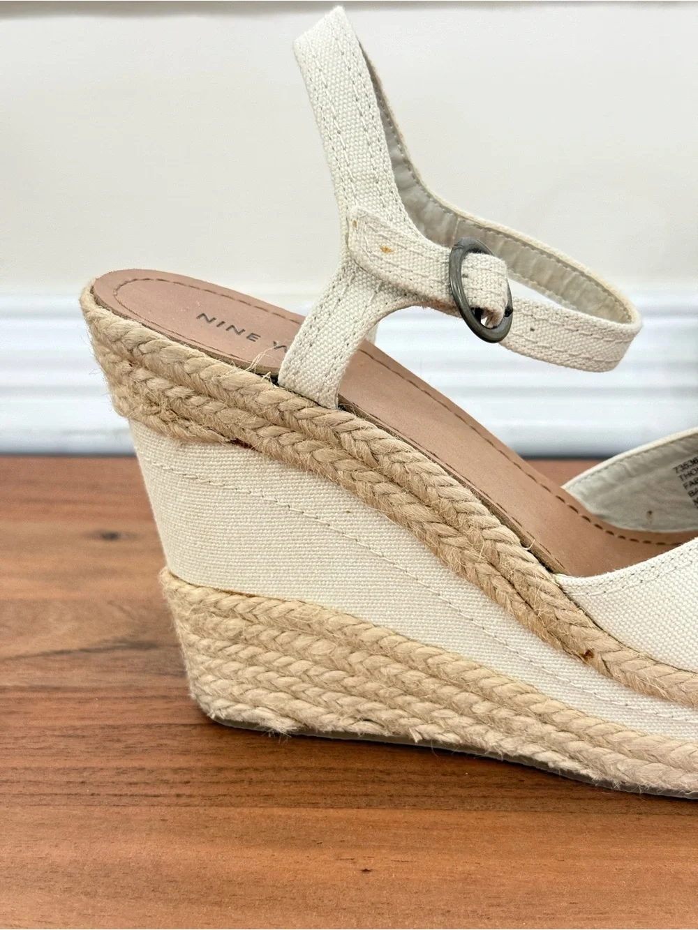 Nine West Thoughtfully Cream Canvas Espadrille Platform Wedge Sandals 9